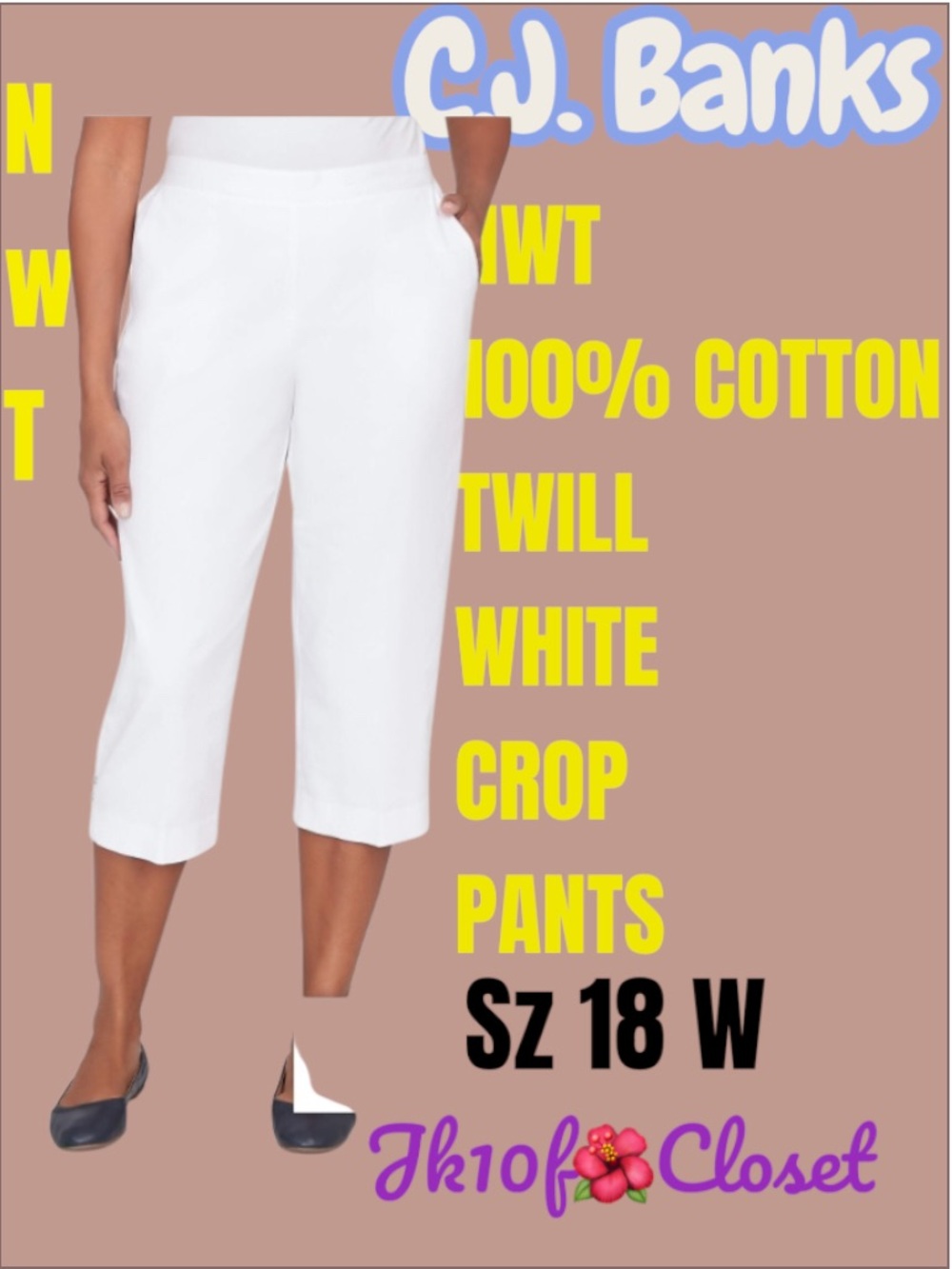 LOWEST🌺NWT CJ Banks 18W WHITE 100% COTTON TWILL CAPRI CROP PANTS